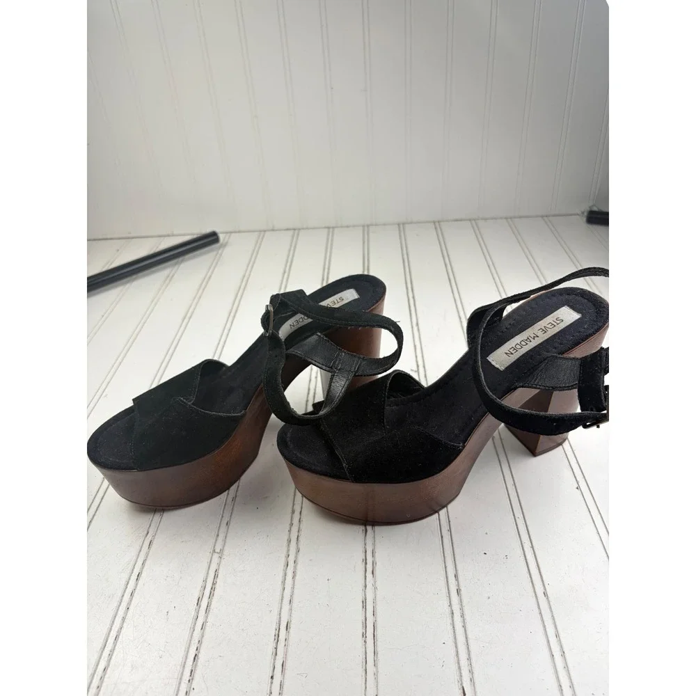 Steve Madden Vintage Black Suede Lulla Platform Chunky Sandals Women's Size 8.5